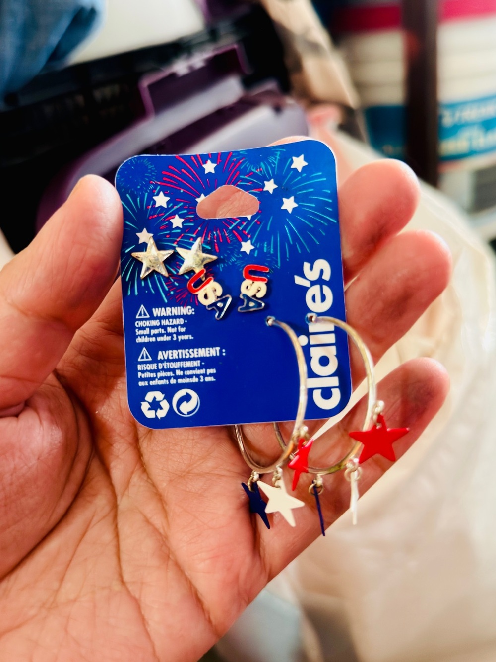 Claire's Red, White & Blue Star Hoop and Stud Earring Set